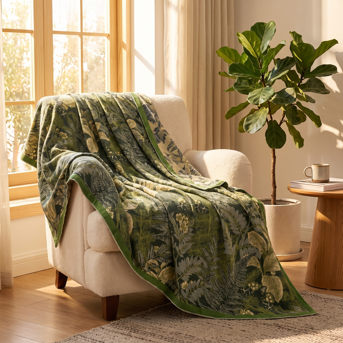 Leaf Print Bamboo Cooling Blanket – draped over an armchair