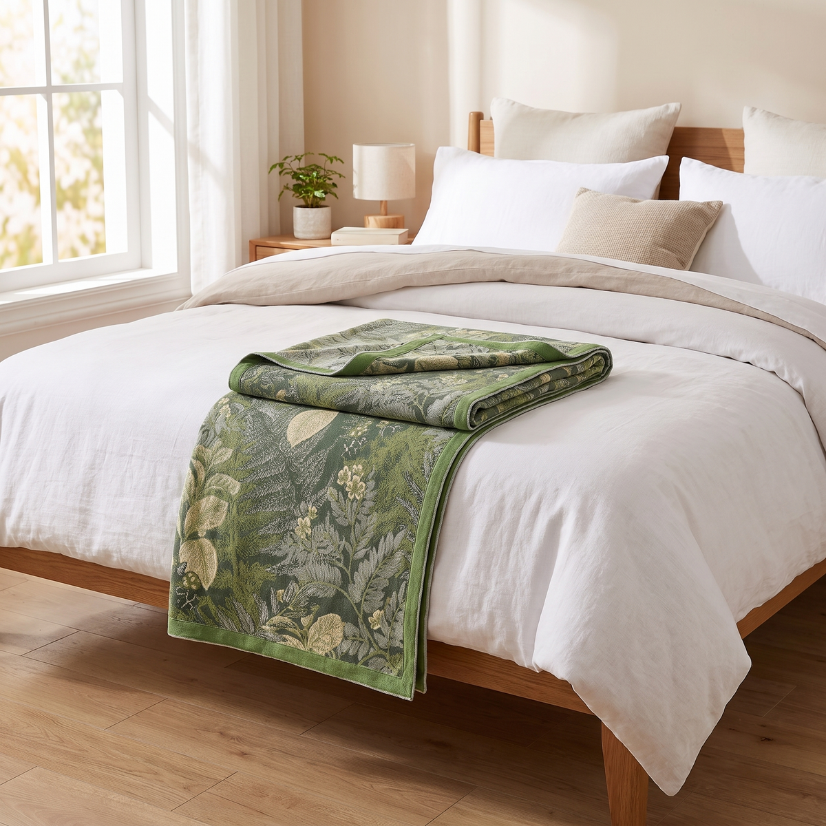 Leaf Print Bamboo Cooling Blanket – folded on a bed