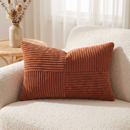 Striped Corduroy Lumbar Cushion Cover – Terracotta – styled on a sofa