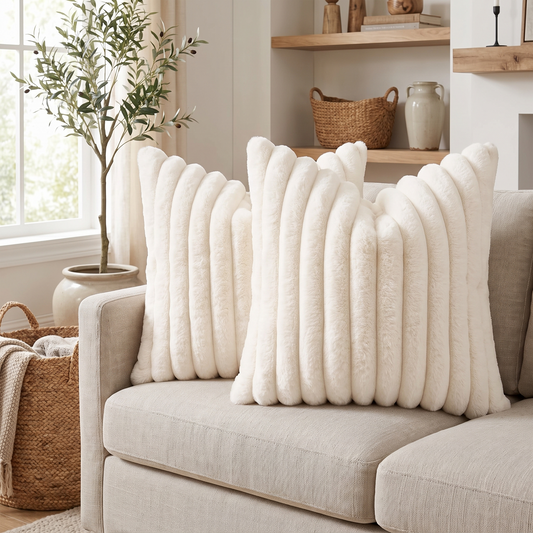 Plush Faux Fur Cushion Cover with Velvet Back – Cream White – styled on a sofa