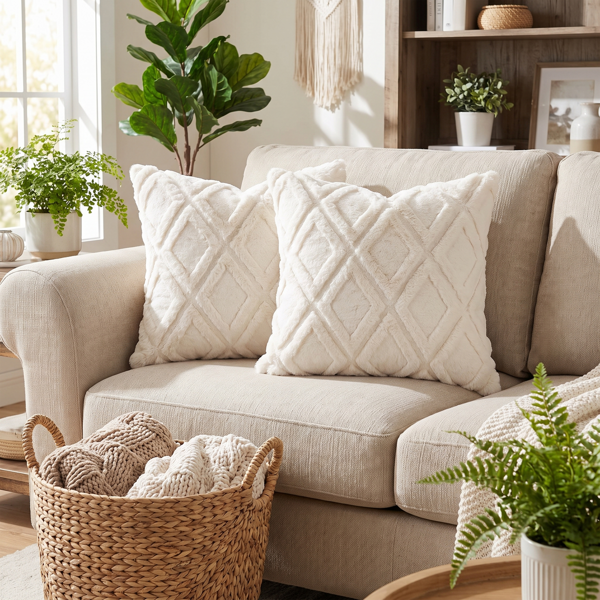 3D Pattern Faux Fur Cushion Cover – Beige – styled on a sofa