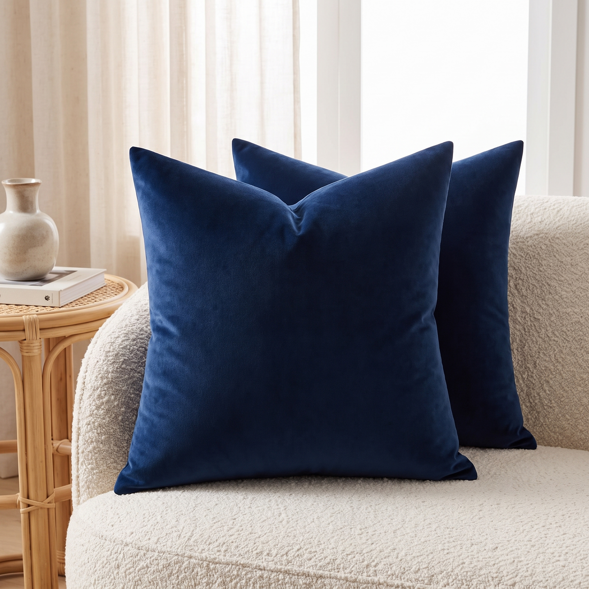 Soft Velvet Cushion Cover – Dark Navy – styled on a sofa