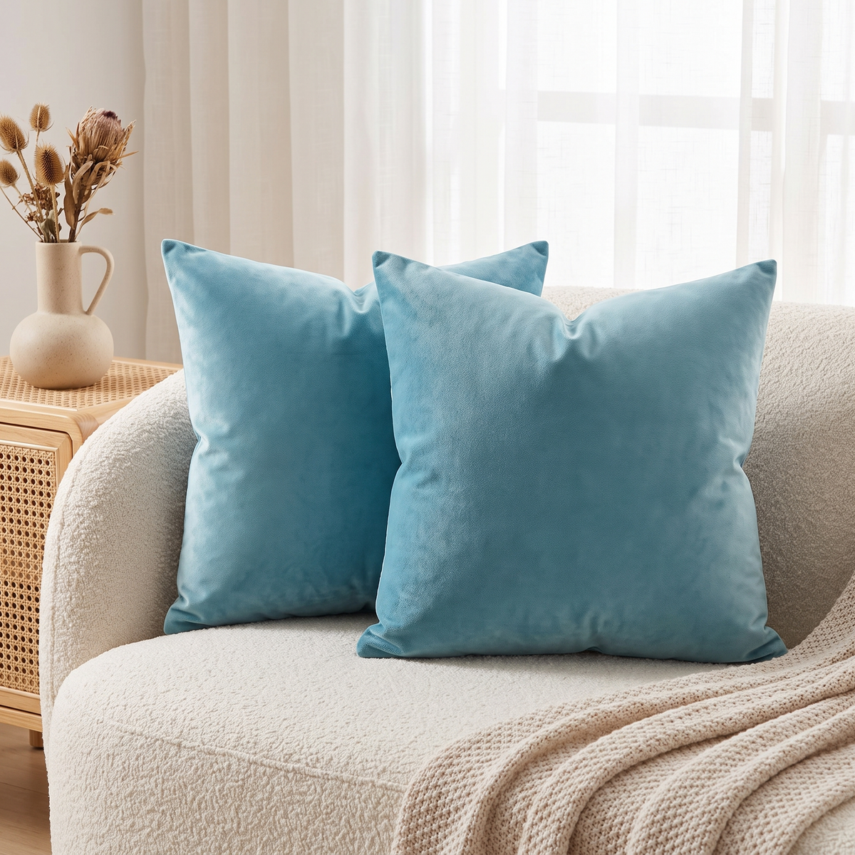 Luxe Velvet Cushion Cover – Aqua Blue – styled on a sofa