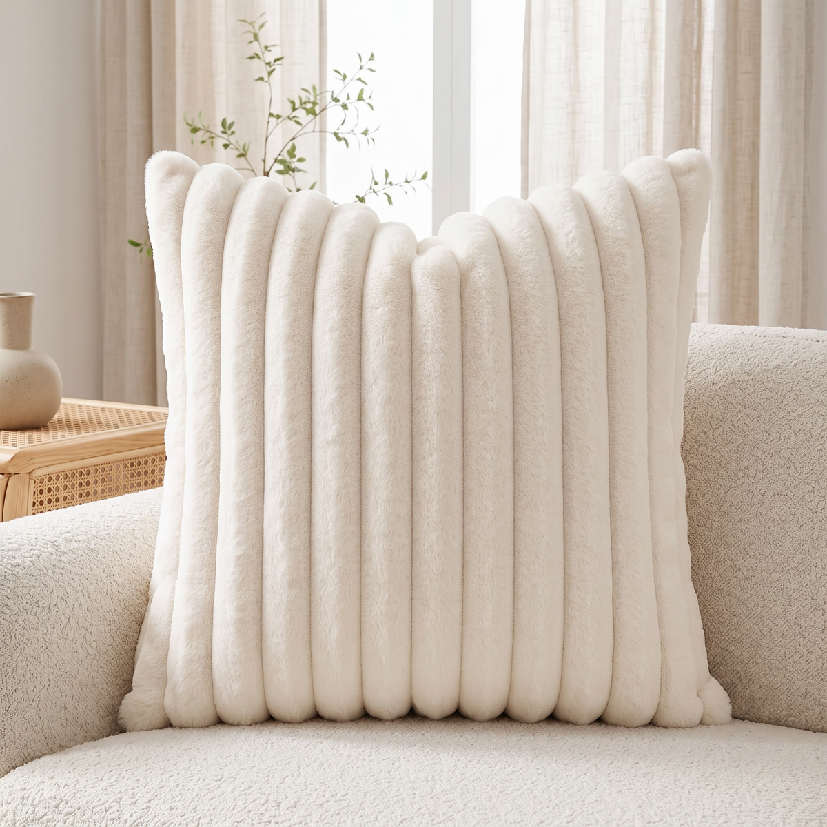 Striped Faux Fur Cushion Cover – Cream – styled on a sofa