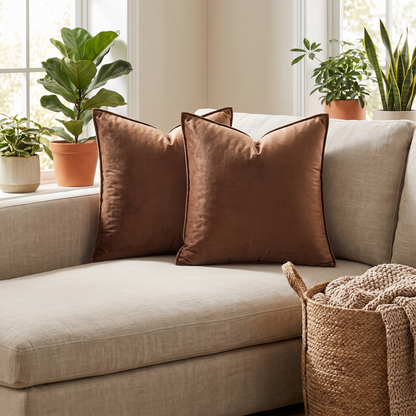Solid Velvet Cushion Cover – Brown – styled on a sofa
