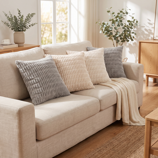 Neutral Striped Plush Cushion Covers – Set of 4 – full set styled on a sofa