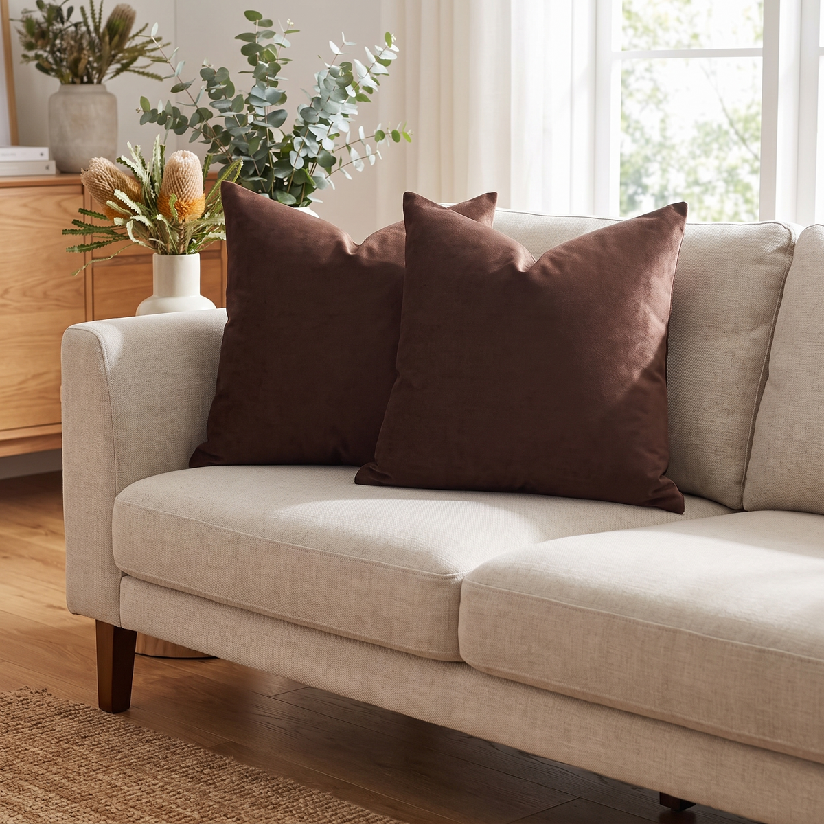 Luxe Velvet Cushion Cover – Chocolate Brown – styled on a sofa
