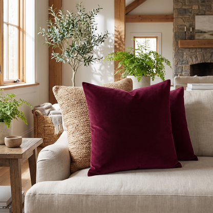 Thick Velvet Cushion Cover – Burgundy Red – styled on a sofa