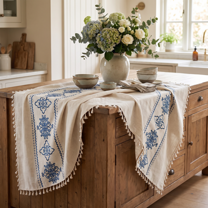 Luxe Embroidered Tablecloth – Sorella – styled on a sideboard