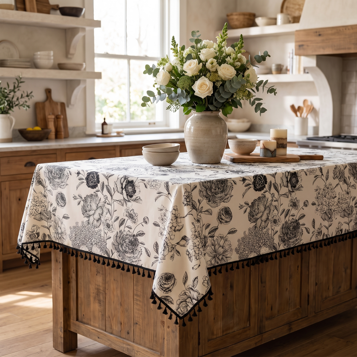 Black Floral Tassel Farmhouse Tablecloth – styled on a sideboard