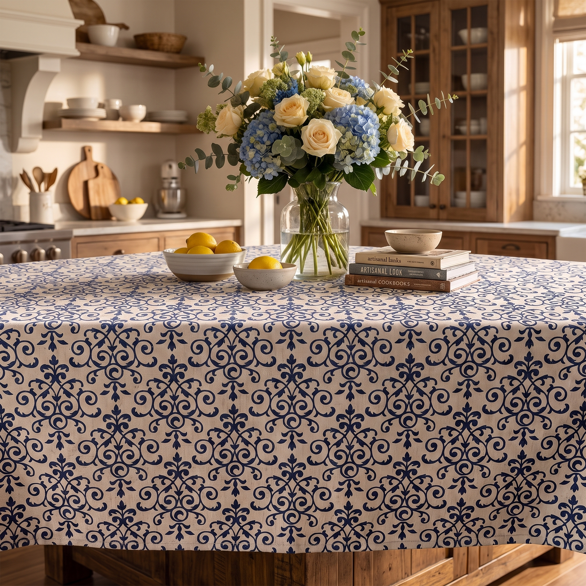 Cottage Chic Patterned Tablecloth – styled on a sideboard
