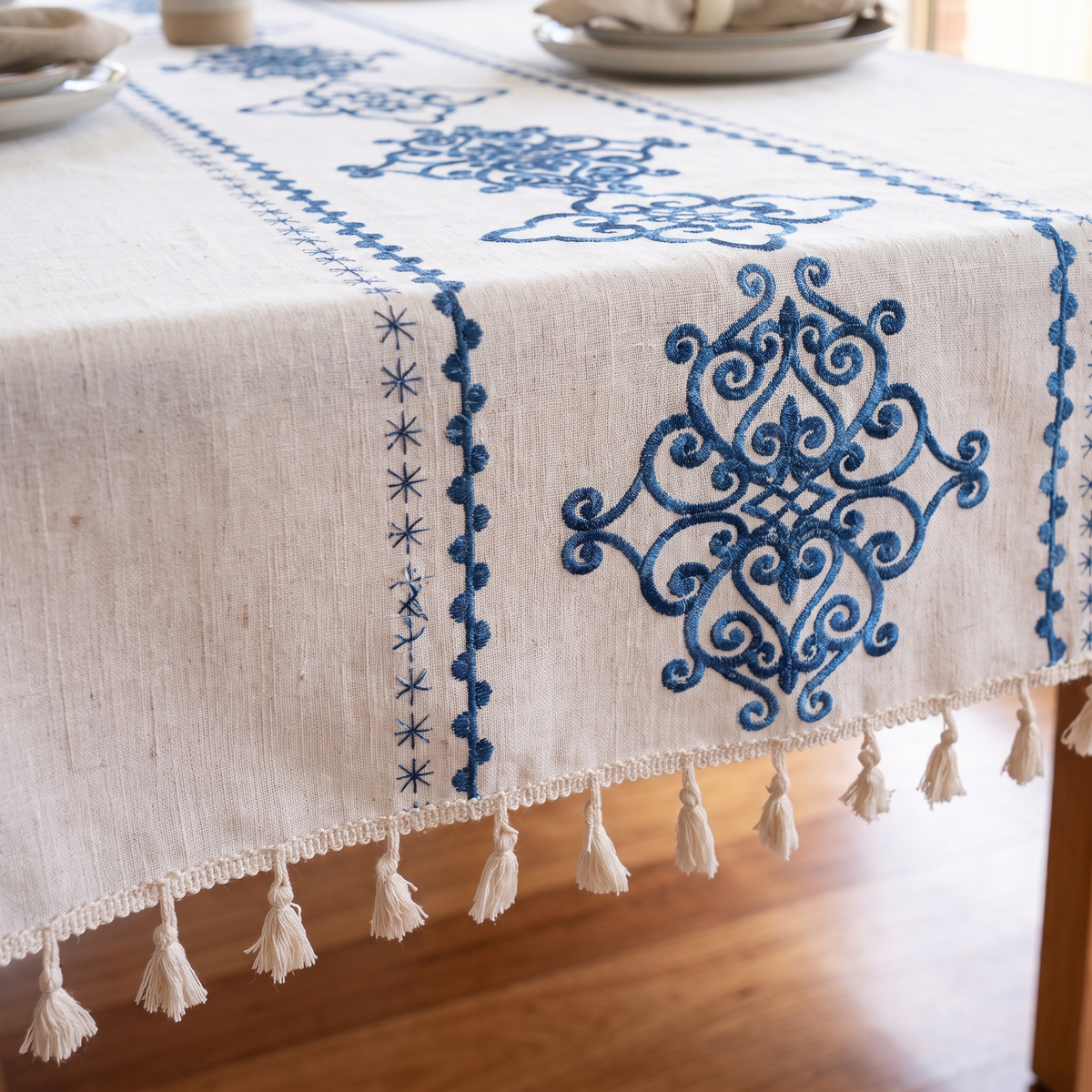 Luxe Embroidered Tablecloth – Sorella – fabric and edge close-up