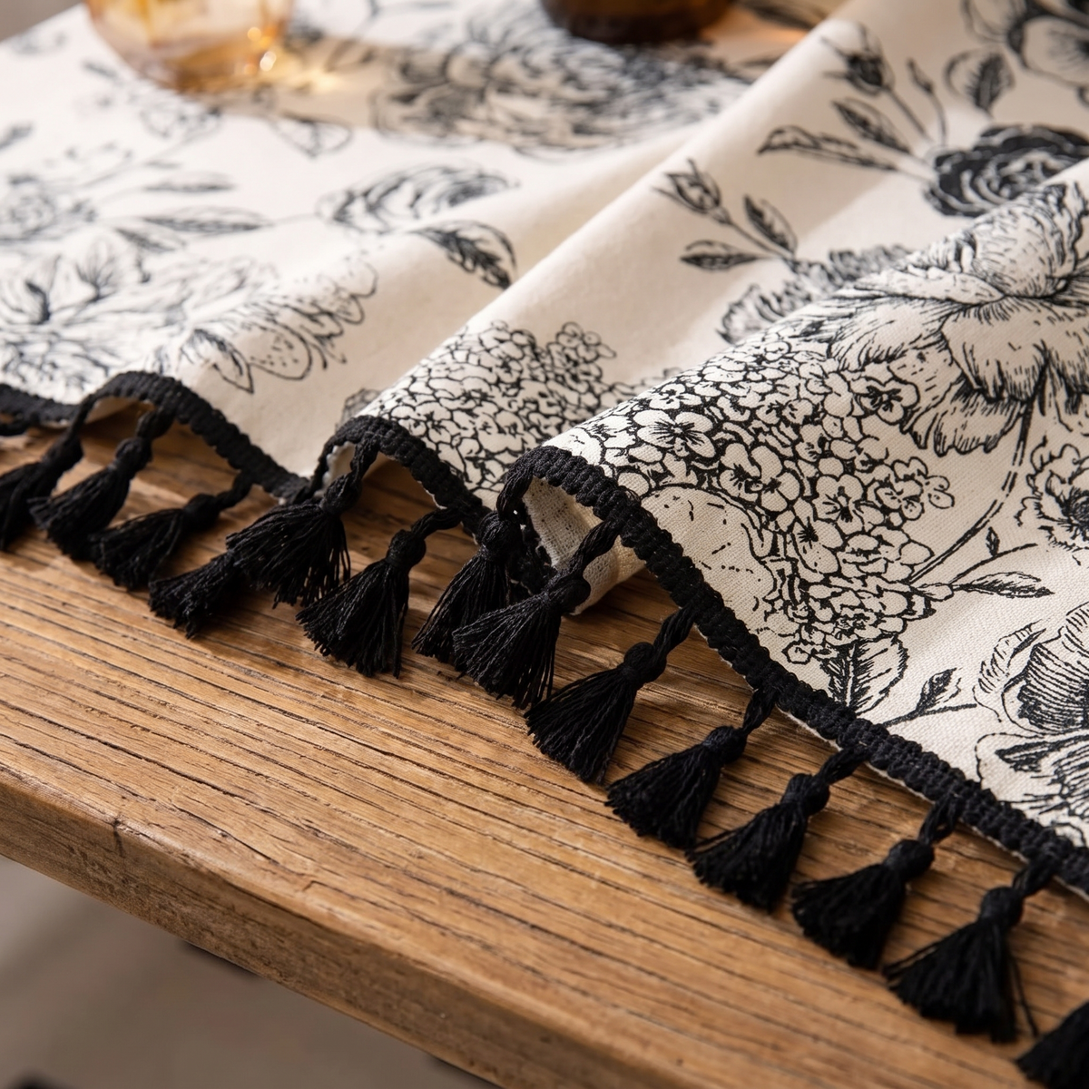 Black Floral Tassel Farmhouse Tablecloth – fabric and edge close-up
