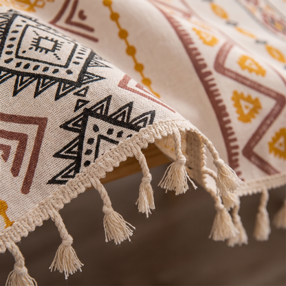 Bohemian Tassel Tablecloth – Global Print – fabric and edge close-up