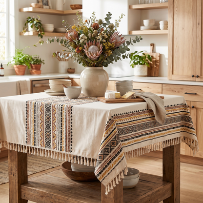 Bohemian Tassel Tablecloth – Global Print – styled on a sideboard