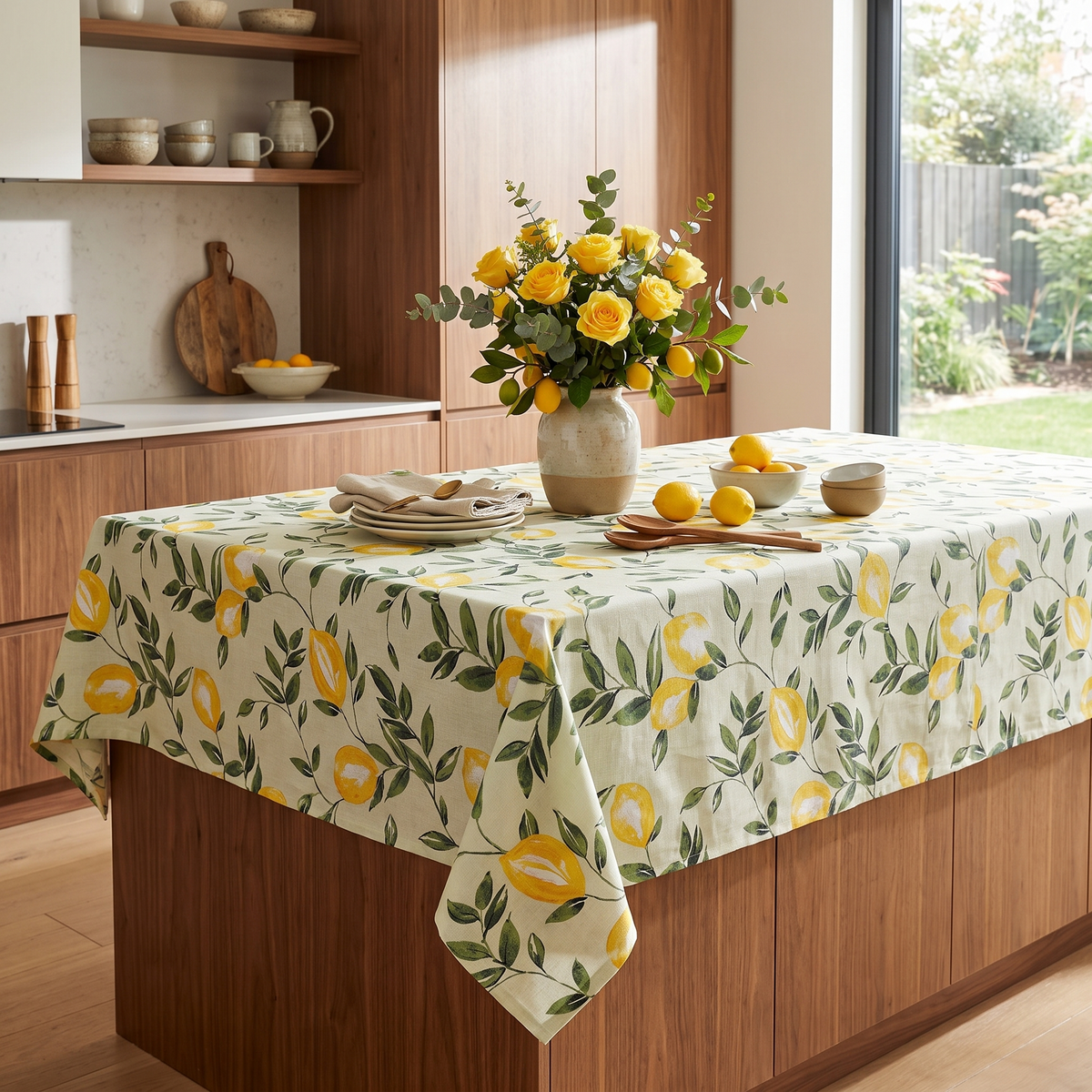 Lemon & Leaf Print Tablecloth – styled on a sideboard