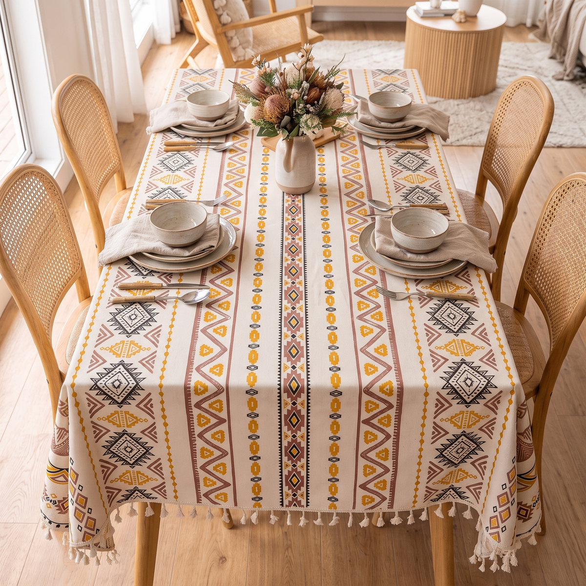Bohemian Tassel Tablecloth – Global Print – full table from above