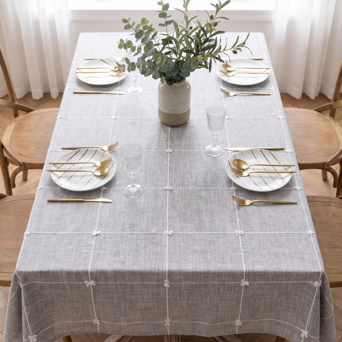 Pastoral Plaid Tablecloth – full table from above
