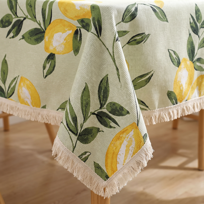 Lemon & Leaf Print Tablecloth – fabric and edge close-up