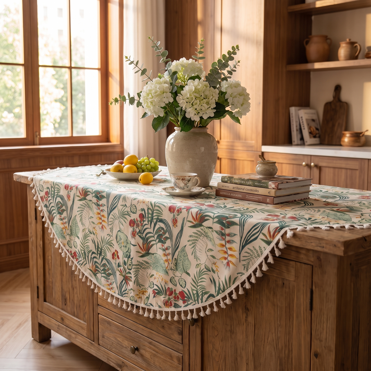 Retro Floral Round Tablecloth – styled on a sideboard