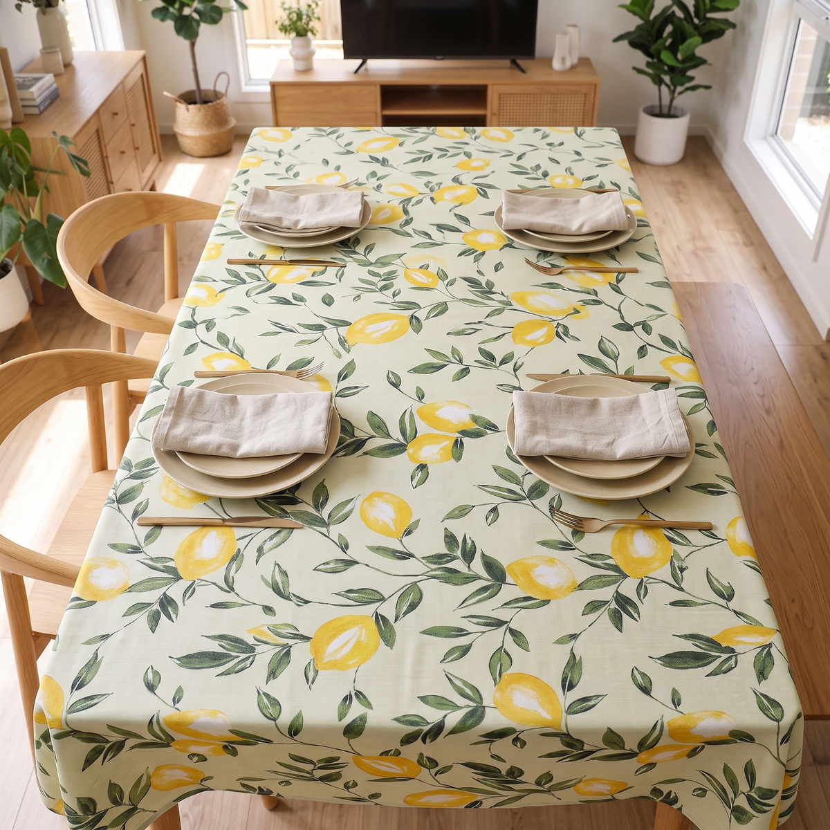 Lemon & Leaf Print Tablecloth – full table from above