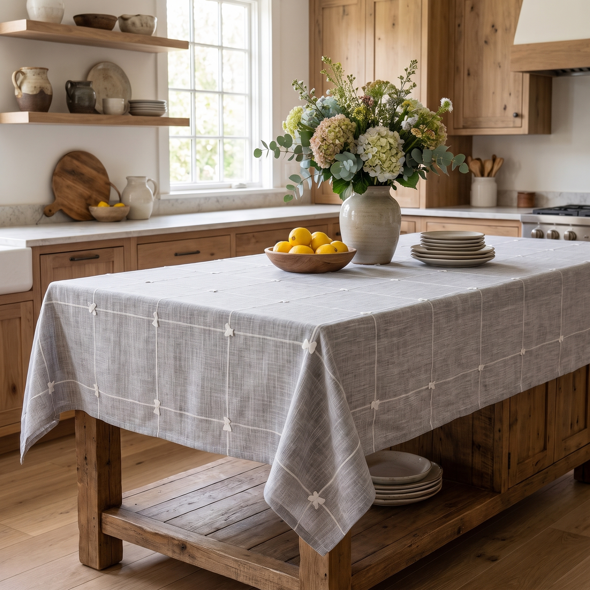 Pastoral Plaid Tablecloth – styled on a sideboard