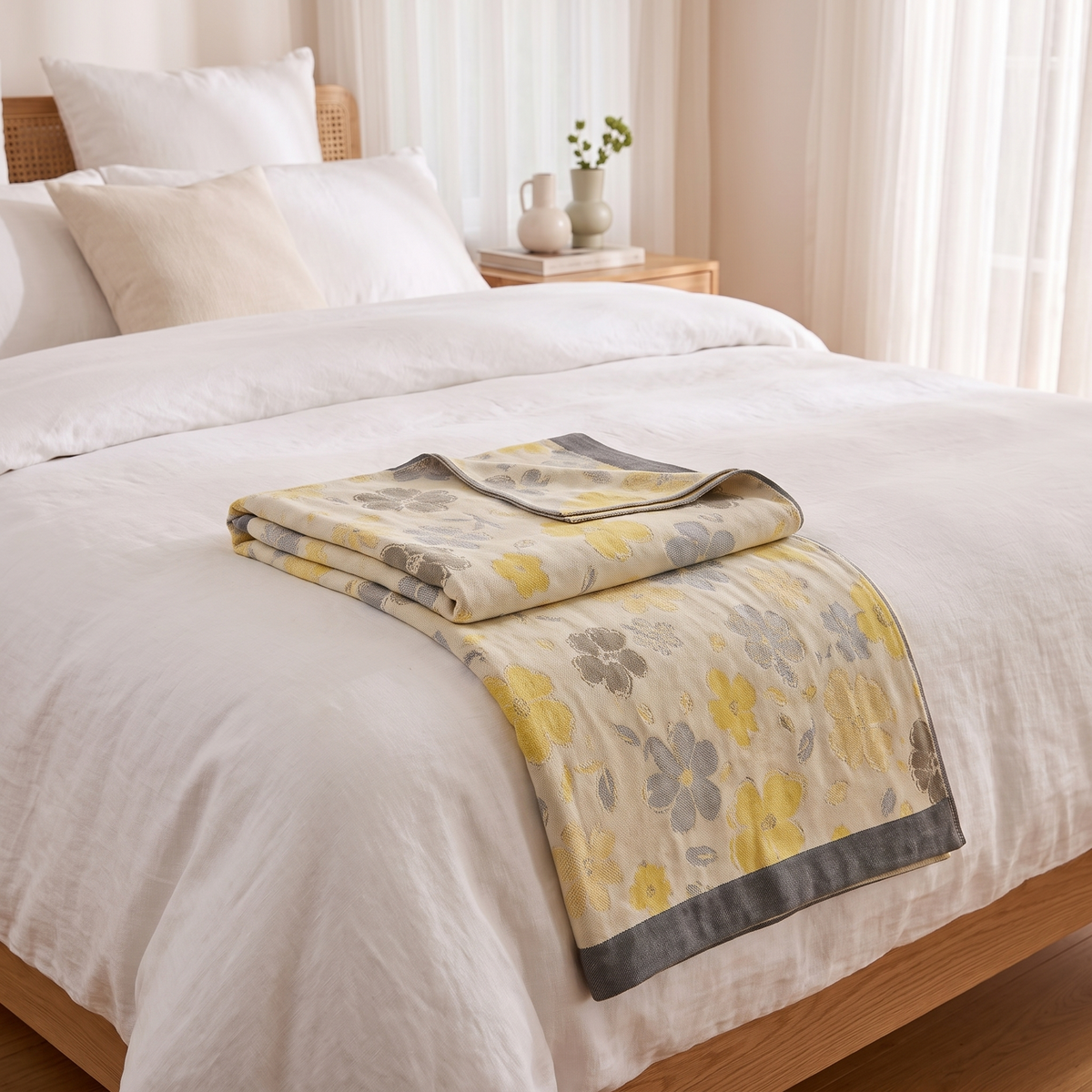 Maple Leaf Bamboo Cooling Blanket – folded on a bed