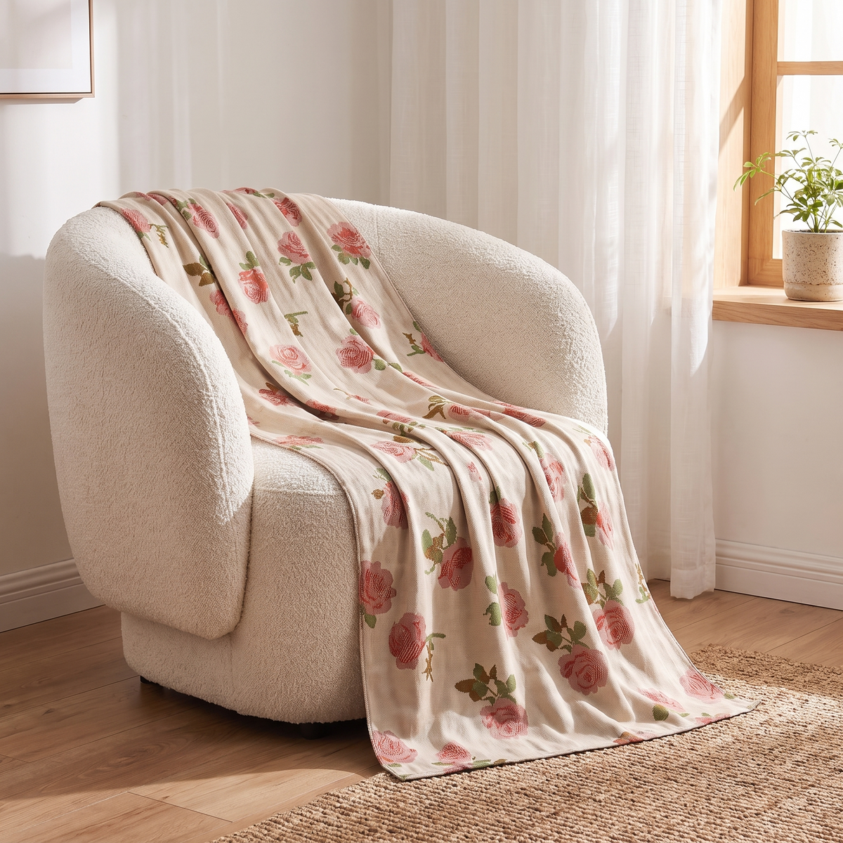 Rose Print Bamboo Cooling Blanket – draped over an armchair