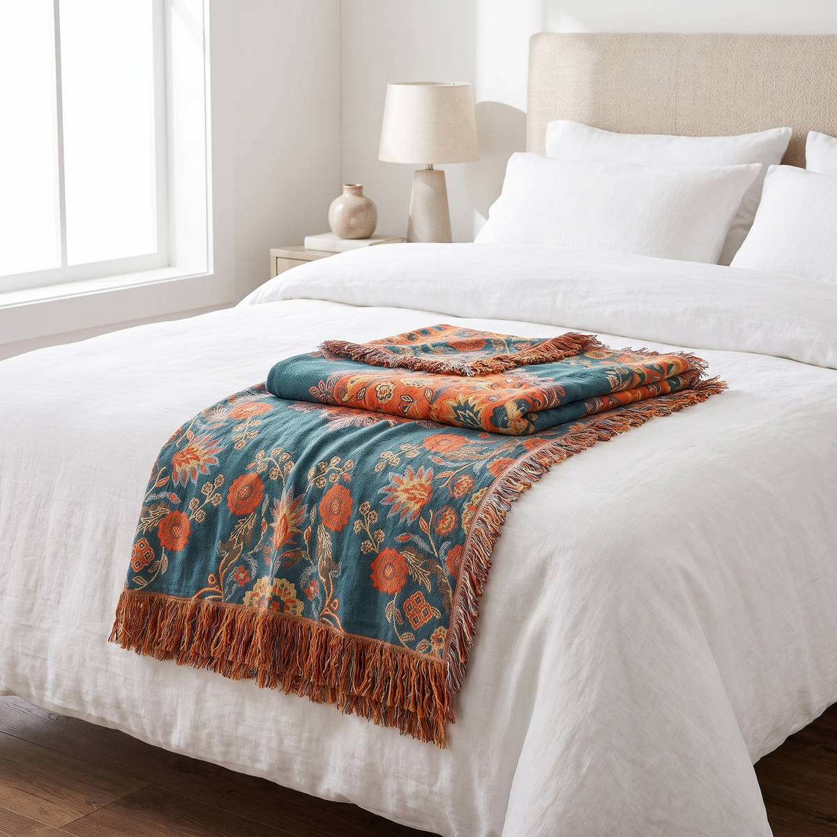 Marigold Reversible Cotton Throw Blanket – folded on a bed