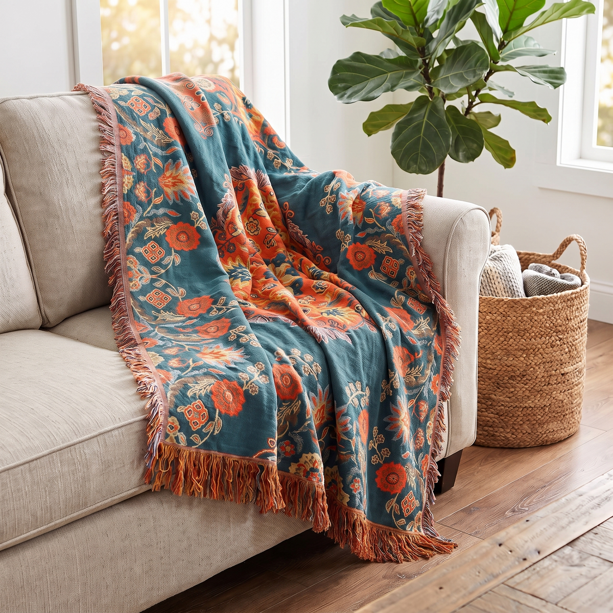 Marigold Reversible Cotton Throw Blanket – draped over an armchair