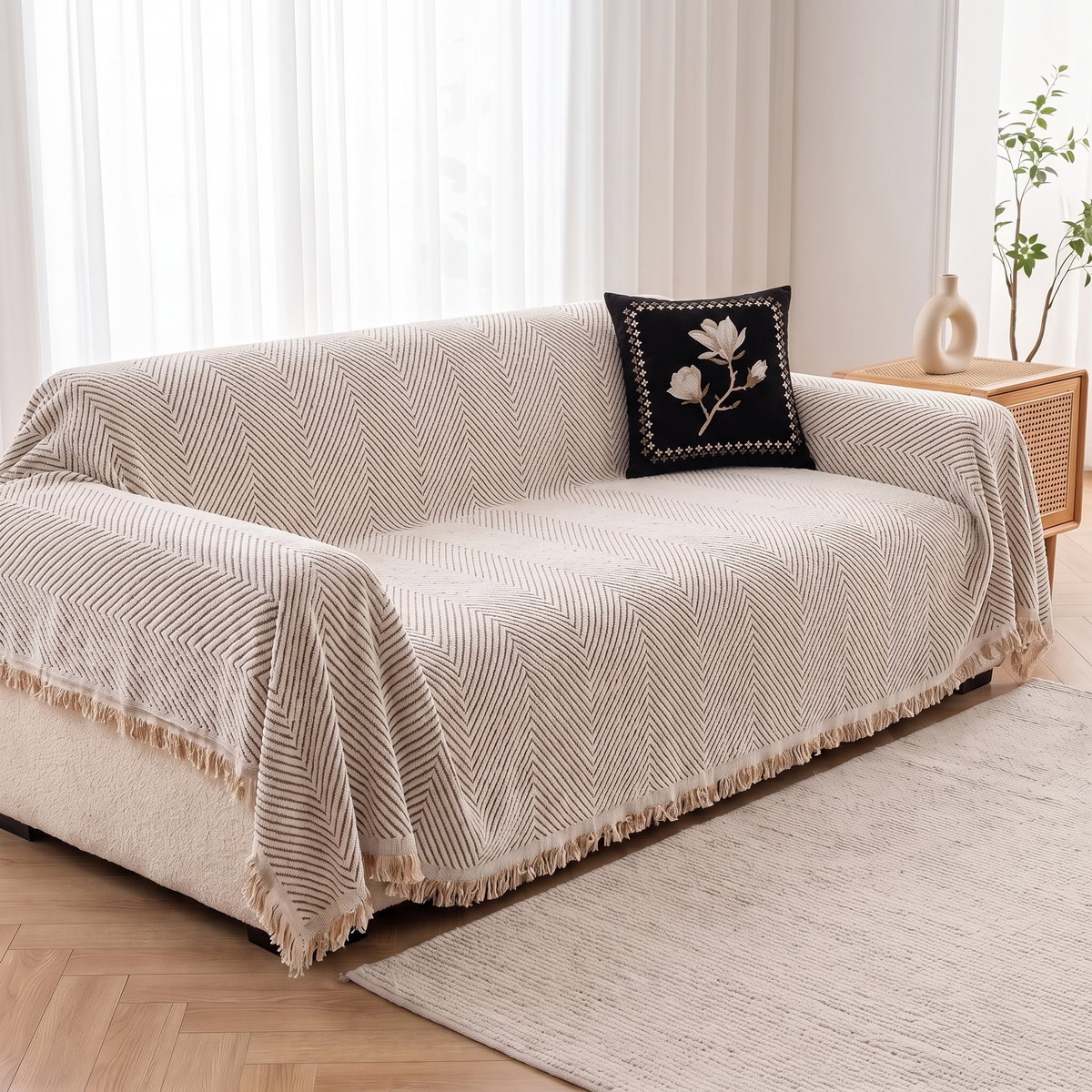 Striped Herringbone Couch Cover – three-quarter view showing fit