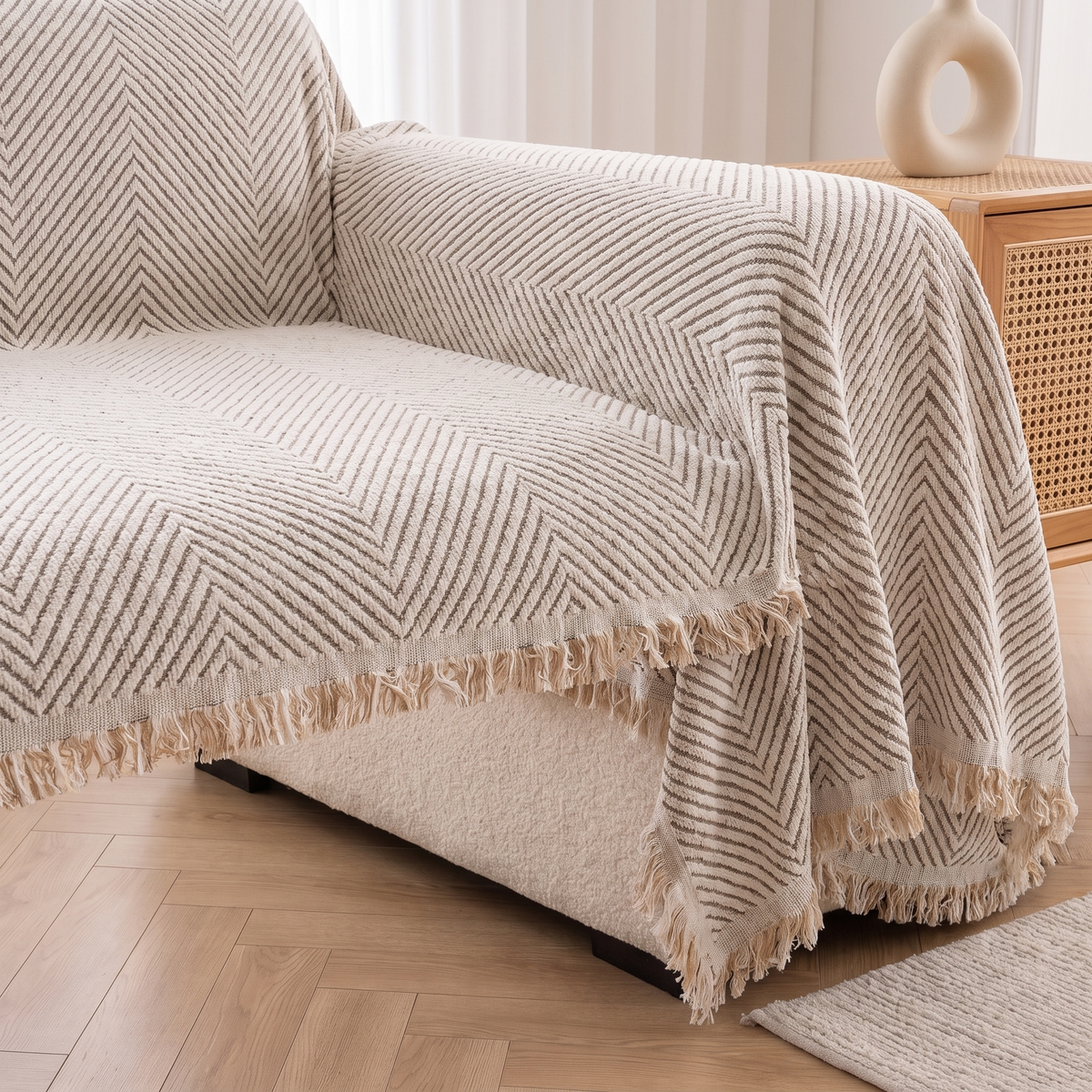 Striped Herringbone Couch Cover – tucked edge detail