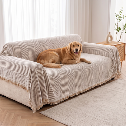 Striped Herringbone Couch Cover – with a dog on the sofa