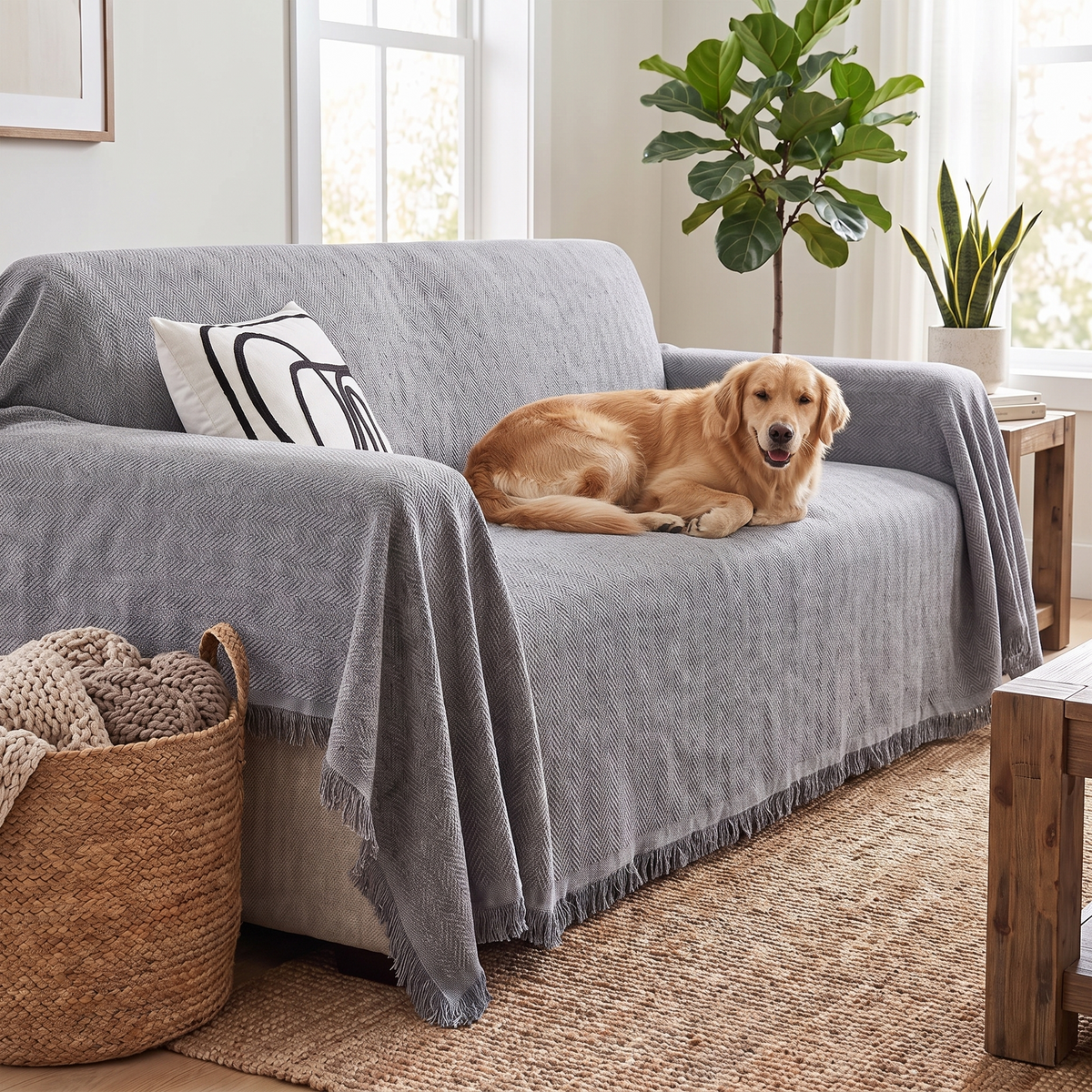 Minimalist Couch Cover – Solid Neutral – with a dog on the sofa