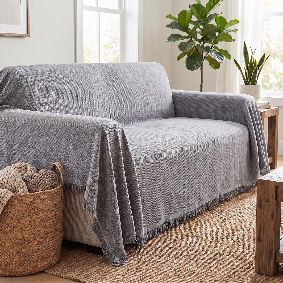 Minimalist Couch Cover – Solid Neutral – three-quarter view showing fit