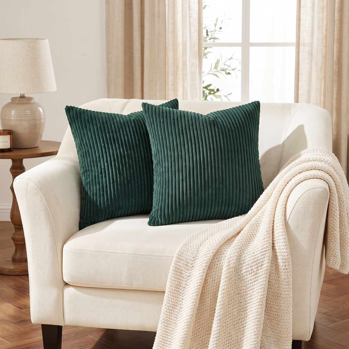 Striped Corduroy Christmas Cushion Cover – Dark Green – styled on an armchair