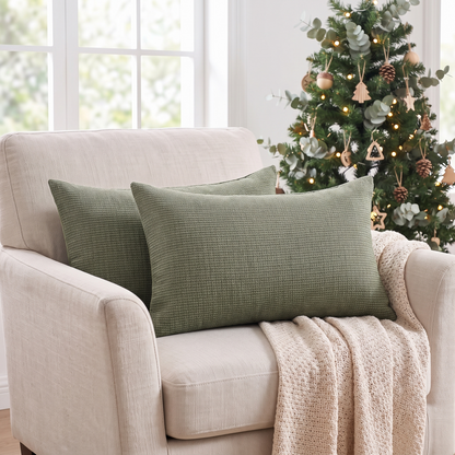 Linen Christmas Lumbar Cushion Cover – Grey Green – styled on an armchair