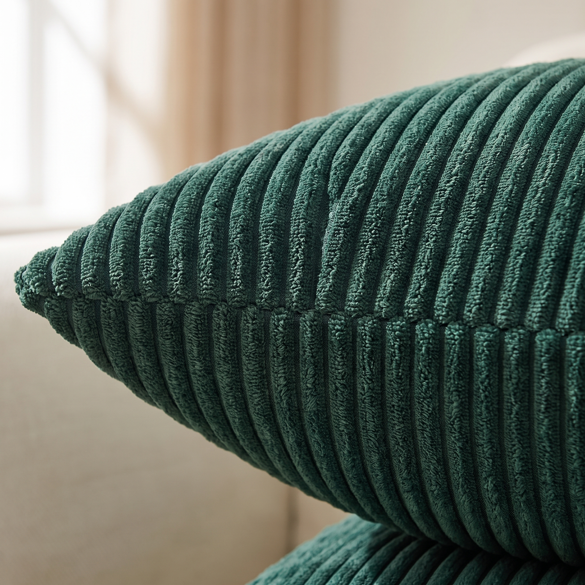 Striped Corduroy Christmas Cushion Cover – Dark Green – pattern and fabric close-up