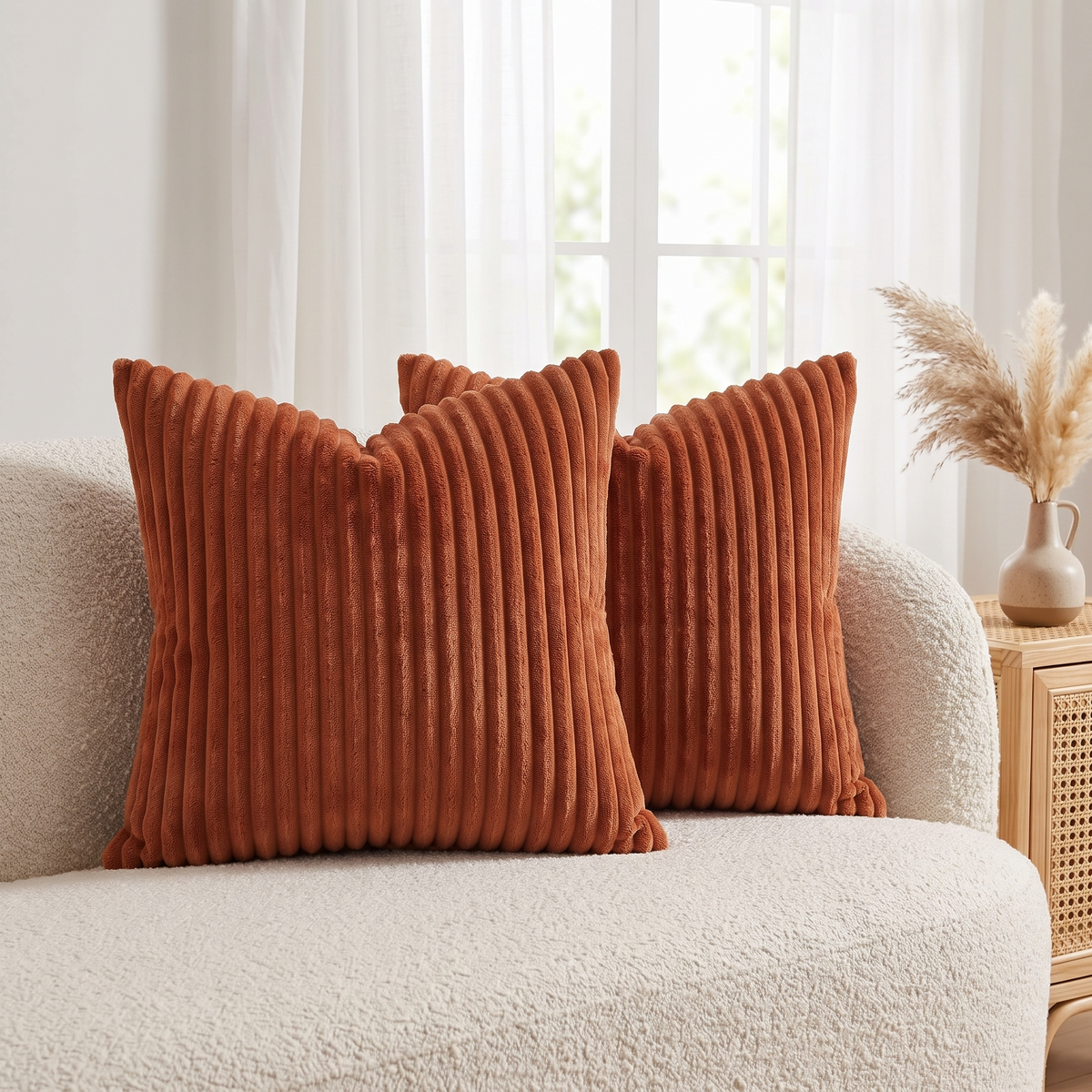 Fluffy Striped Flannel Cushion Cover – Rust – full set styled on a sofa