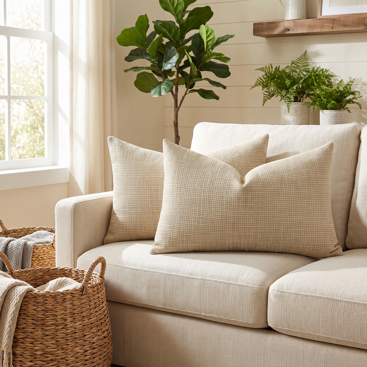 Linen Lumbar Cushion Cover – Light Tan – styled on a sofa