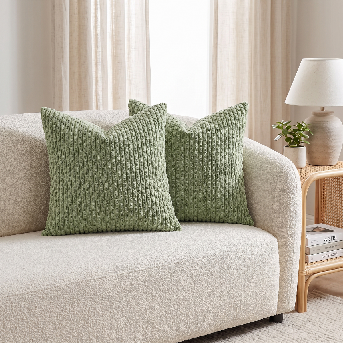 Boho Striped Corduroy Cushion Cover – Sage Green – styled on a sofa