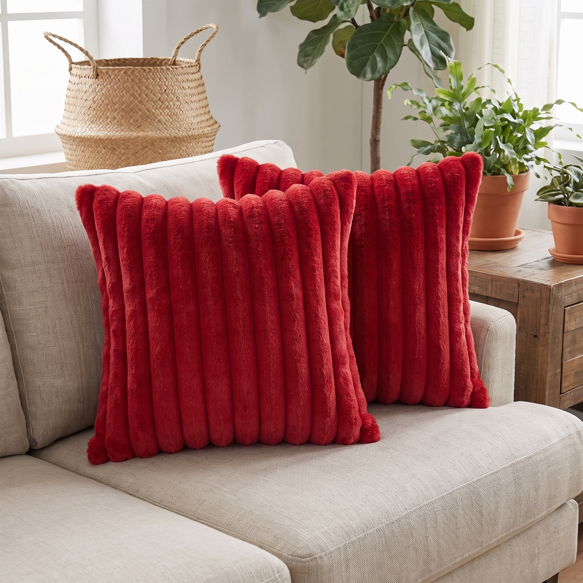 Plush Velvet Cushion Cover – Red – styled on a sofa
