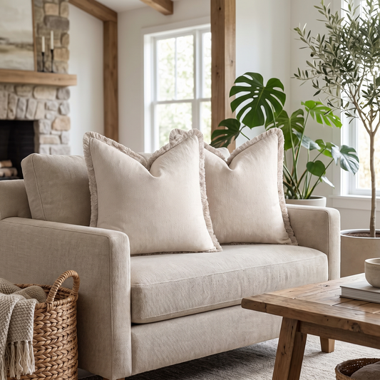 Linen Fringe Cushion Cover – Natural Beige – styled on a sofa