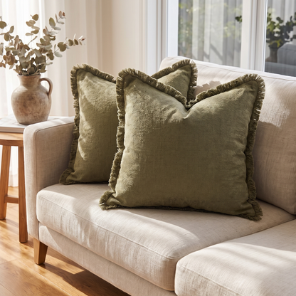 Boho Fringe Cotton Cushion Cover – Olive Green – styled on a sofa