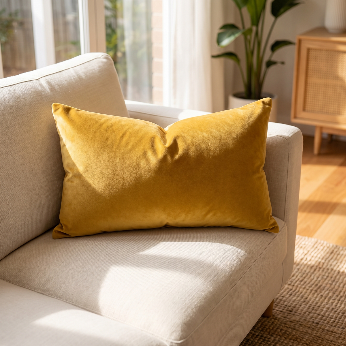 Luxury Velvet Lumbar Cushion Cover – Gold – styled on a sofa