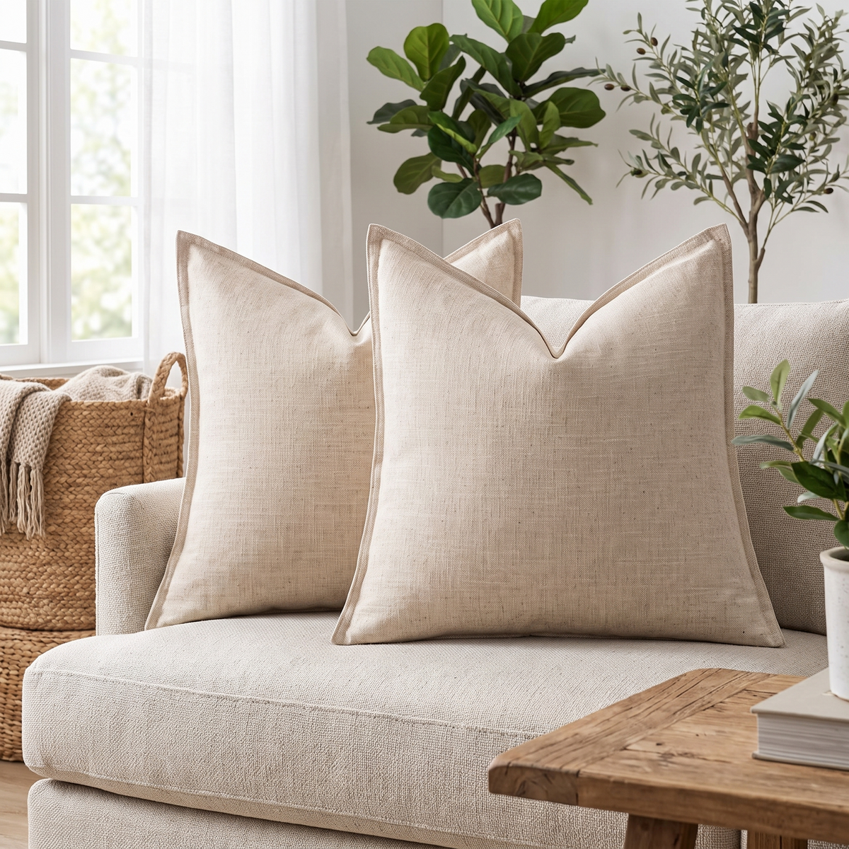 Natural Linen Cushion Cover – Beige – styled on a sofa
