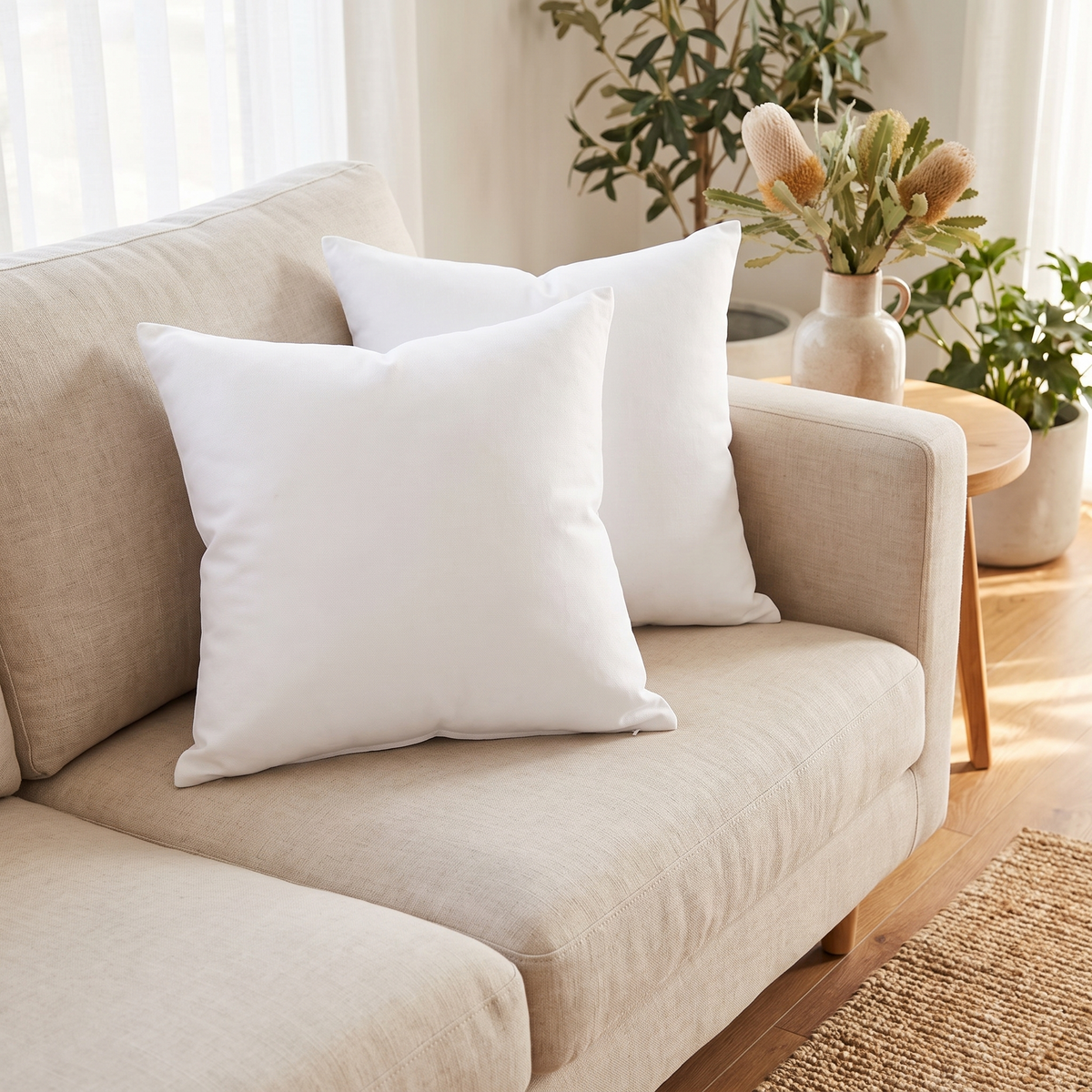 Cotton Linen Cushion Cover – White – styled on a sofa