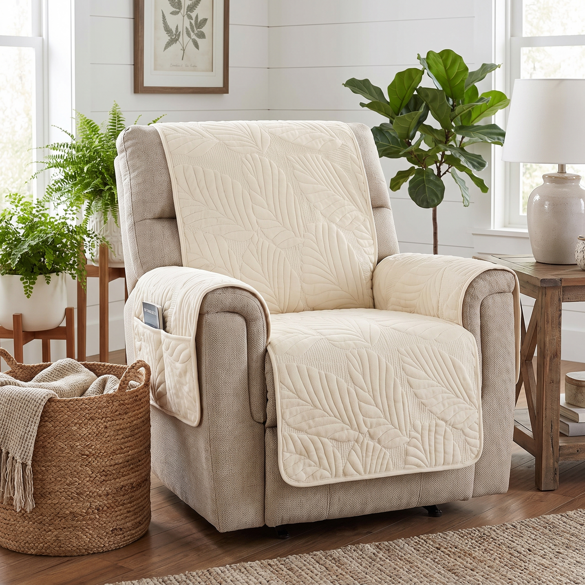 Leaf Pattern Stretch Recliner Cover – Green – fitted on a sofa