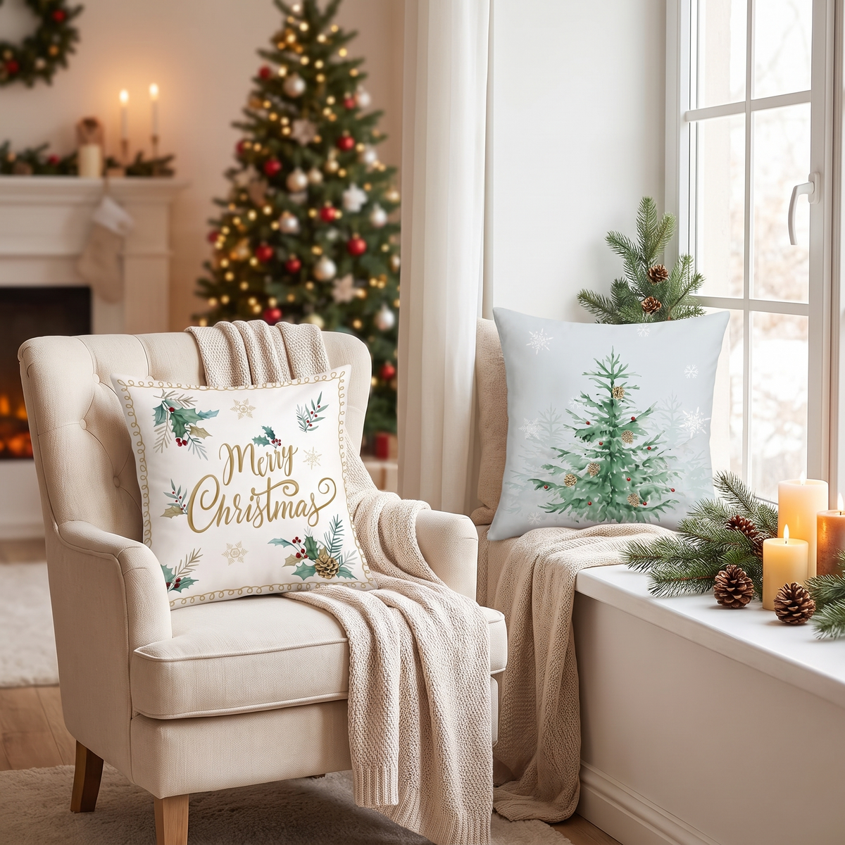 Velvet Pine Tree Christmas Cushion Covers – Set of 4 – styled on an armchair