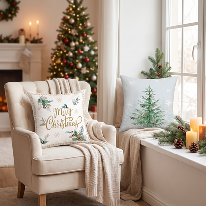 Velvet Pine Tree Christmas Cushion Covers – Set of 4 – styled on an armchair